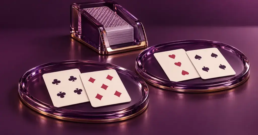 Kaksi baccarat-kättä kiiltävillä violeteilla lasialustoilla ja korttikenkä havainnollistavat pelaajan ja pankin korttien vertailua.