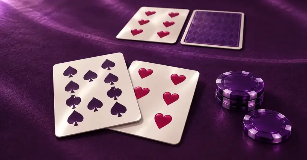 Pelaajan ja jakajan kortit sekä kiiltävät violetit pelimerkit havainnollistavat blackjackin pelitilannetta violetilla pelipöydällä.