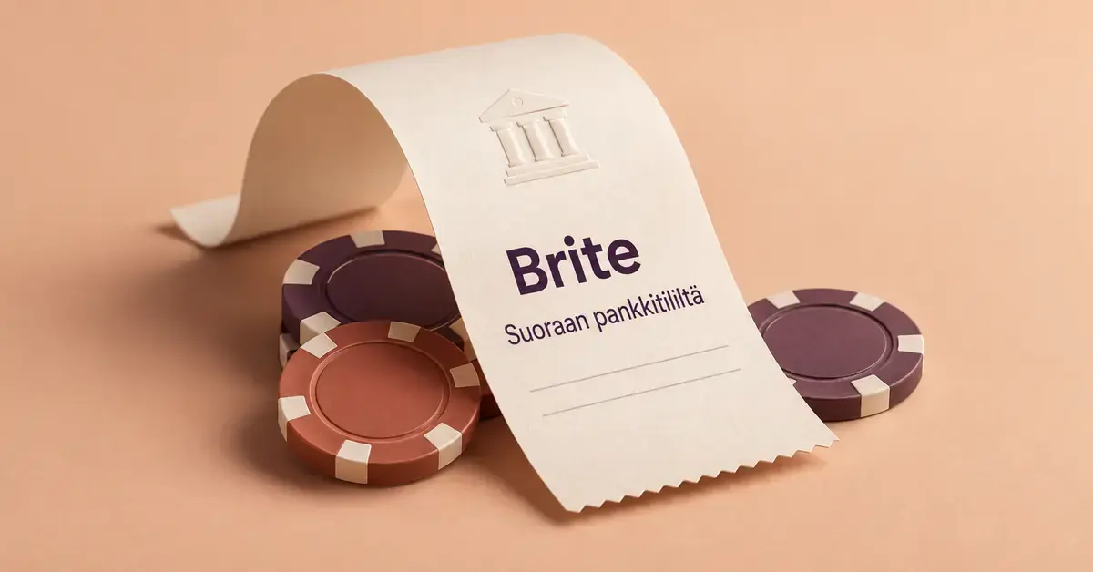 Kaareva maksukuitti, jossa lukee ”Brite – Suoraan pankkitililtä”, ja kasinopelimerkit havainnollistavat Briten pankkipohjaisia kasinomaksuja.