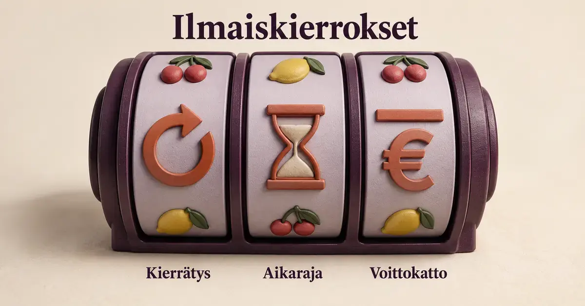 Kolikkopelin rullien kierrätysnuoli, tiimalasi ja euromerkki havainnollistavat ilmaiskierrosten kierrätysvaatimusta, aikarajaa ja voittokattoa.