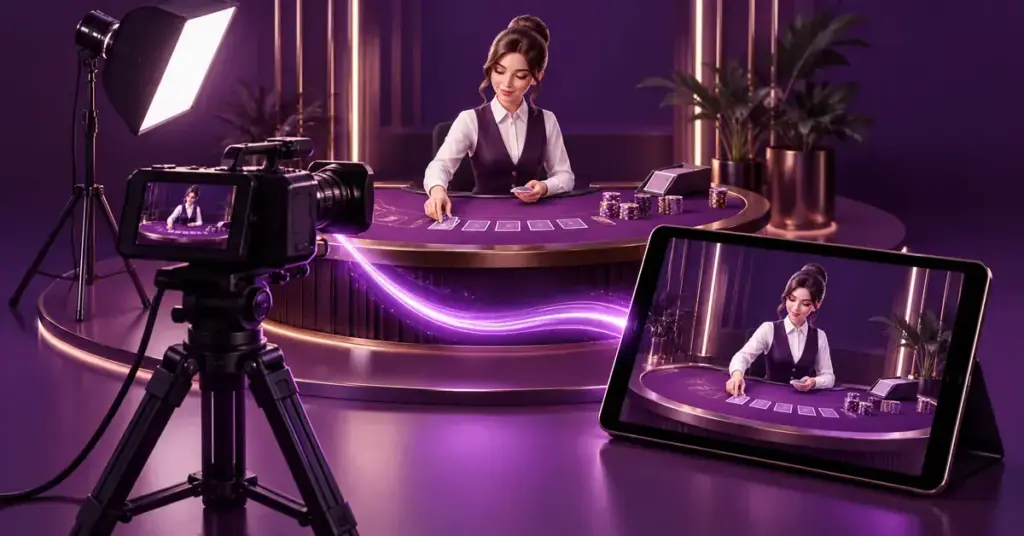 Violetinsävyinen 3D-kuvitus näyttää, kuinka kamera välittää studiossa kortteja jakavan live-kasinon jakajan pelin pelaajan tabletille.