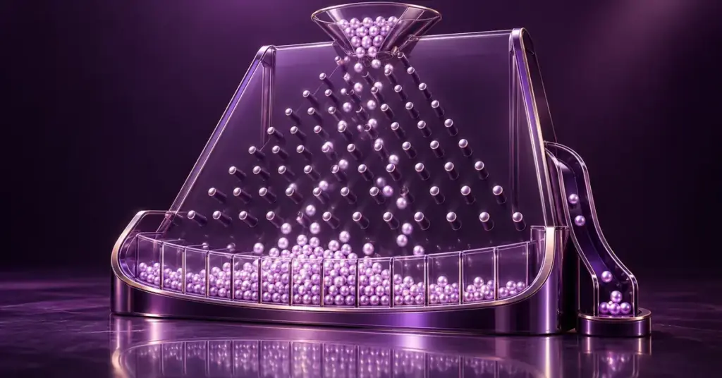 Kiiltävä violetti 3D-kuvitus kuulien jakautumisesta suureen keräyskouruun ja pieneen sivukouruun havainnollistaa pitkän aikavälin palautusprosenttia ja talon etua.